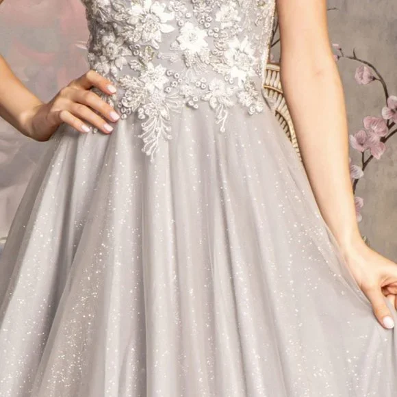 NEW LONG A-LINE SLEEVELESS MESH BEADED DRESS WITH ONE SHOULDER NECKLINE GL3384